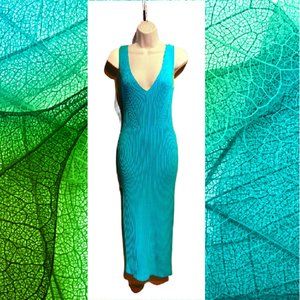 Michael Kors Turquoise Ribbed Knit Midi Dress